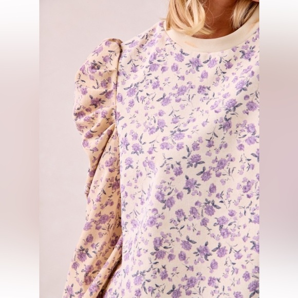 NWT! Size Large Bibi Floral Puff Sleeve Top - Cream and Purple - Picture 4 of 6